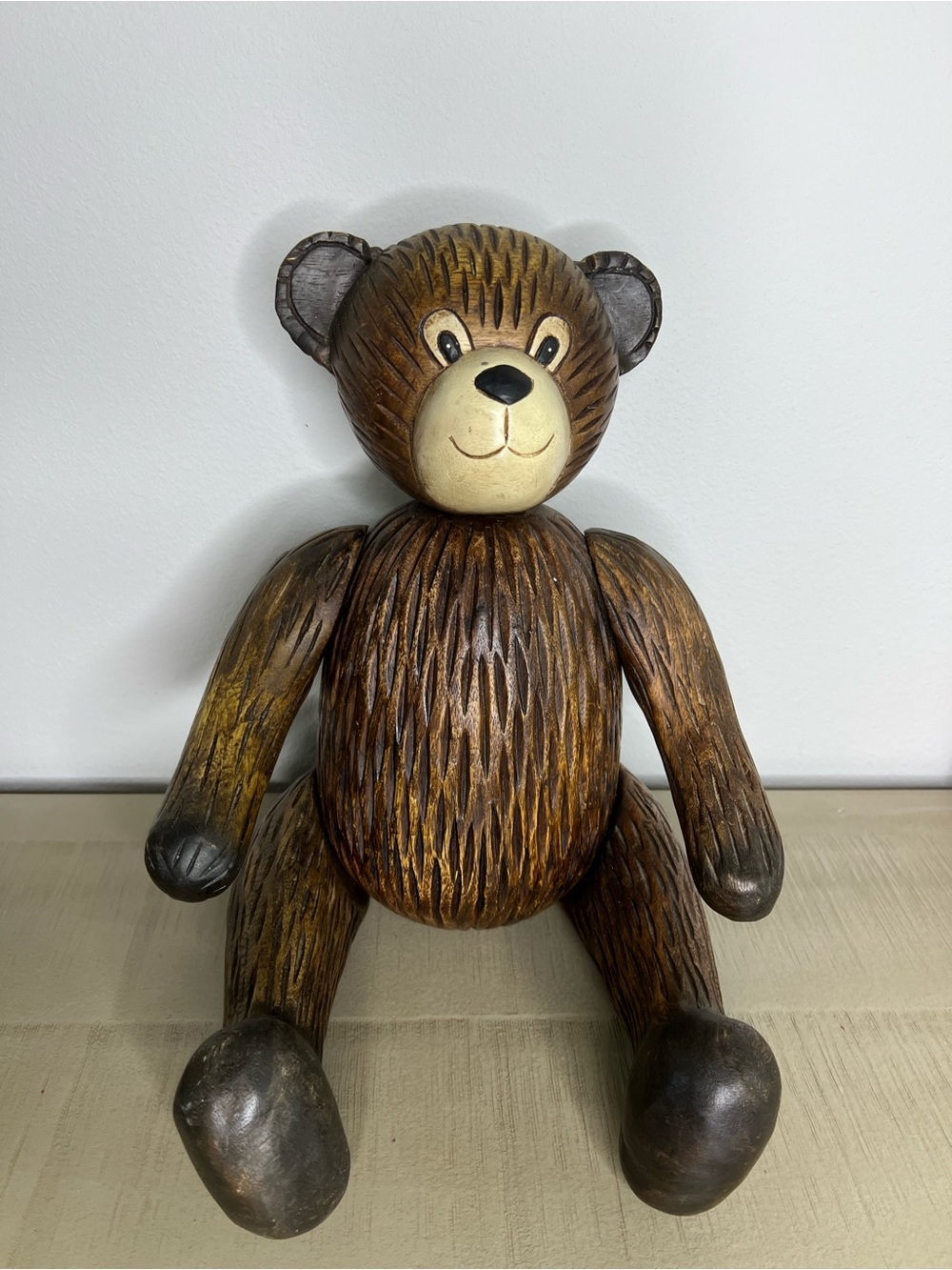 Vtg Carved Wooden Teddy Bear Figurine in Brown and Cream